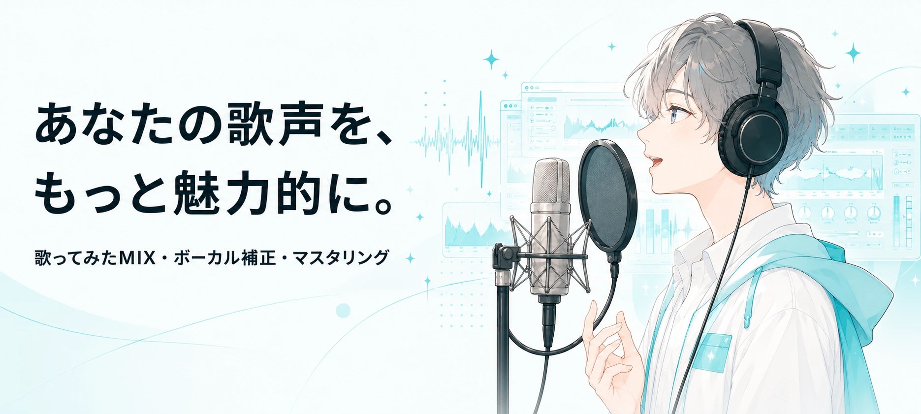 ヘッドホンをつけ、マイクに向かって歌う人物。あなたの歌声を、もっと魅力的に。